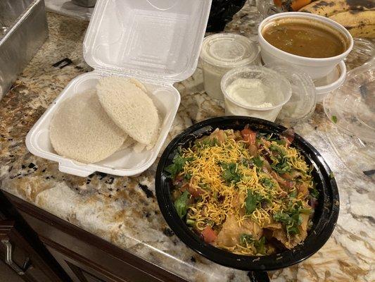 Samosa Chaat and Idli with Sambar and Chutney