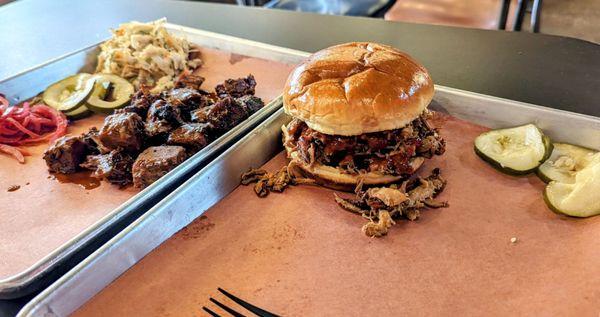 Burnt ends platter and pulled pork sandwich