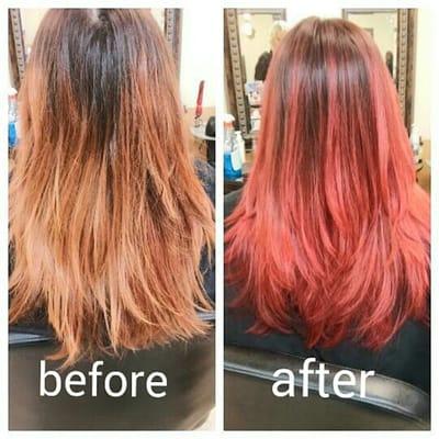 Before and after on a vibrant red ombre, cut, and style!