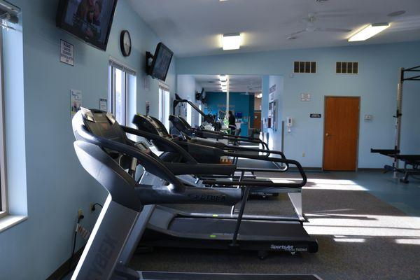 Cardio training equipment, including: treadmills, stair-stepper, recumbent bicycles, ellipticals, Arc-trainers, seated step machines, and mo