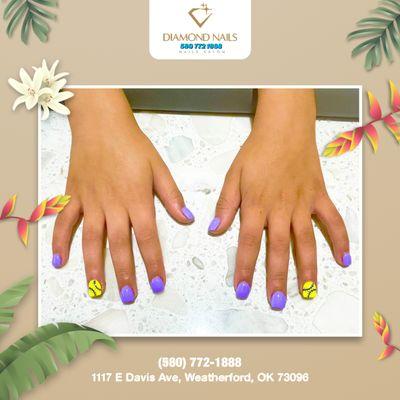 Vibrant purple and yellow dance on nails, a lively symphony of hues. Bold, bright, and bursting with personality this summer.