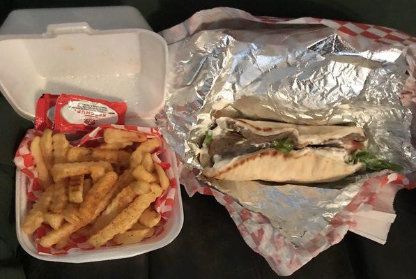 Gyro was flavorful not rubbery! Fries we're awesome had some type of seasoning salt on it!