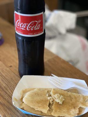 Chicken tamale with salsa verde and an ice cold Mexican coke. Yum!