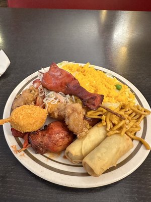 Eggrolls, pork, barbecue chicken, fish, lo mein, fried rice, noodles, I wish the plate was bigger