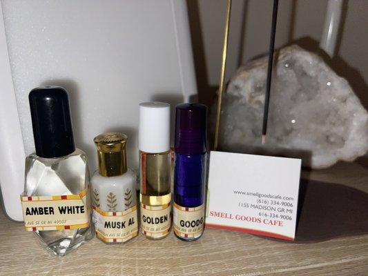 Perfume oils from left to right: Amber White, Musk Al Tahara, Golden Musk, Good Girl