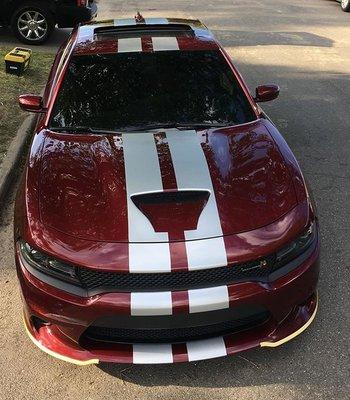 Handcut rally stripes from bumper to bumper in satin silver vinyl