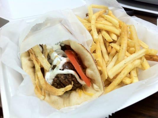 Black bean falafel and French fries.