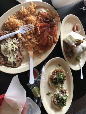 Chille relleno, tacos and asada burrito.