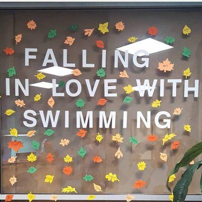 Falling in love with swimming. Hand made decoration and hand lettering with the name of all of the students.