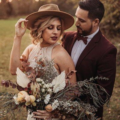 Boho bride and groom wedding