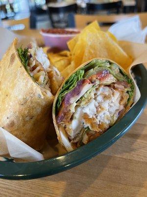 P.C.H. Wrap- battered whitefish, pick de Gallo, Lettuce, roasted red pepper sauce, Mandarin sesame slaw