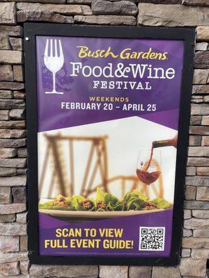 Entrance sign, Busch Gardens Food & Wine Festival 2021, Weekends Feb 20 - April 25, Tampa Bay