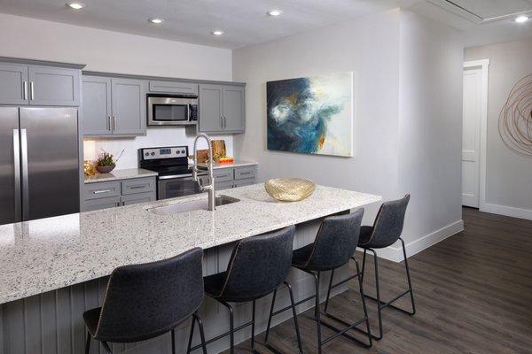 Resident kitchen with bar-height dining