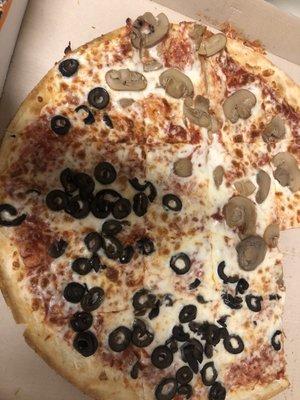 Thin Crust half Mushroom/Olive  (I dropped the pizza lol.. not their fault toppings moved)