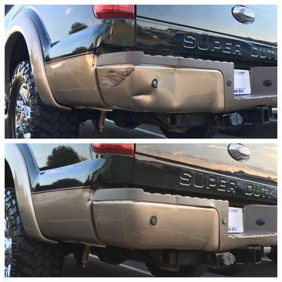 Before and after rear bumper repair of Ford F-250