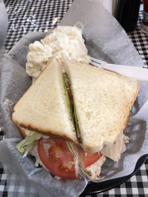 Smoked chicken salad on white with some potato salad for good measure - yum