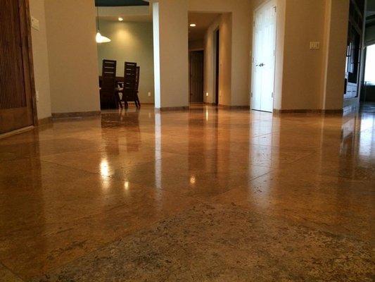 Sealed, polished, and cleaned travertine