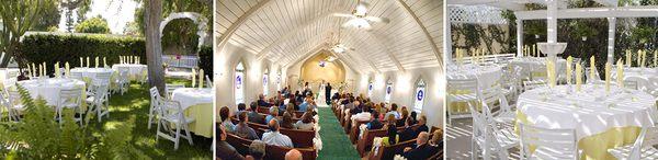 Inside the chapel for weddings and the outside garden area set-up for a reception.