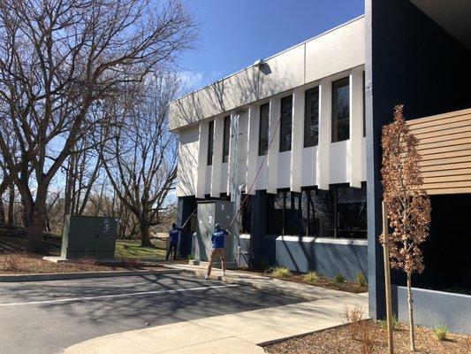 Water fed pole Cleaning on a commercial building