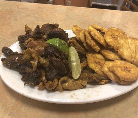 Pikadera with tostones, tripitas, morcilla, chicharron, moellas ($12)