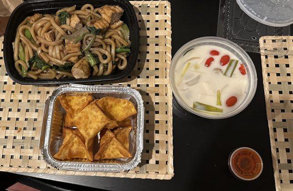 V. Black Udon Noodle V. Tom Kha Soup Cheese Crab Rangoon Tray