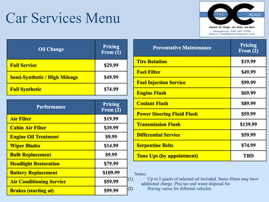 Car Services Menu