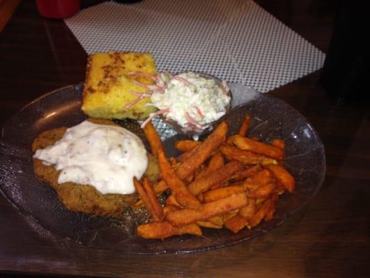 Country fried steak, pineapple cole slaw & sweet potato fries. Don't forget the very large and tasty hunk of corn bread.