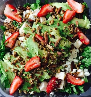 Refreshing strawberry avocado salad topped with pecans & feta and poppyseed dressing! A healthy alternative to greasy fast food!