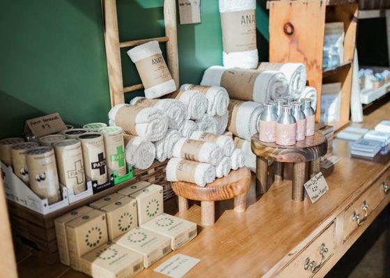 Bamboo bandages, reusable menstrual cups, hemp towels, and locally made dry shampoo by pure coast naturals!