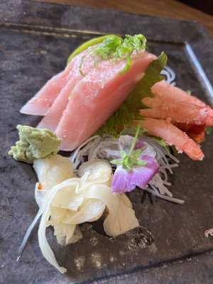 Blue fin fatty tuna sashimi and Alaskan king crab sashimi