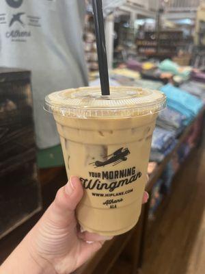 Medium iced salted caramel + dark chocolate latte.  Great branding.