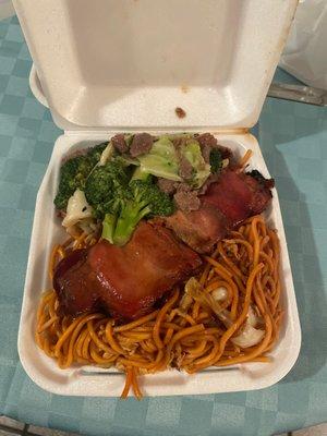 Chow mein, broccoli beef, chicken stick