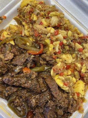 (Custom) Achkee and Saltfish, with pepper steak.