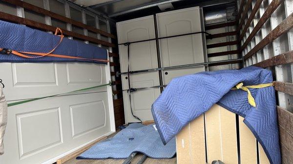 My French doors and interior doors loaded and properly secured in the truck upon arrival.