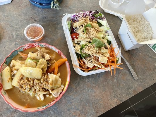 Take out: massaman curry with chicken and extra veg. Buddha salad.