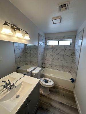 Bathroom Remodel: Vanity, Vinyl plank, Tile around tub