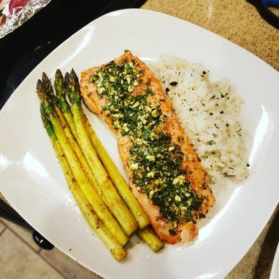 Feta and Herb Crusted Salmon with Pan Roasted Asparagus and Herb Rice