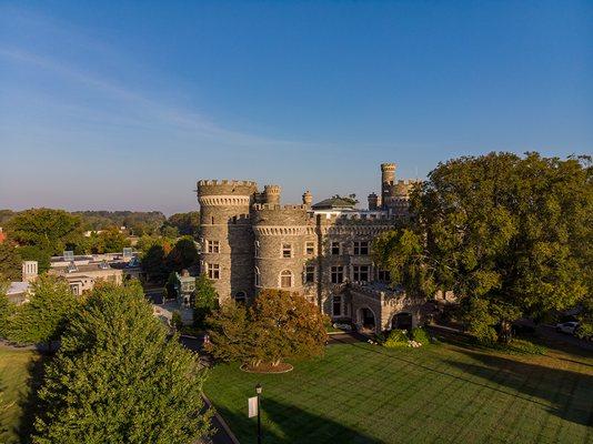 Bird's eye view of Arcadia University's Grey Towers Castle.