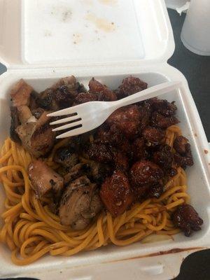 2 meat one side- bourbon chicken, Mongolian chicken, and lomein