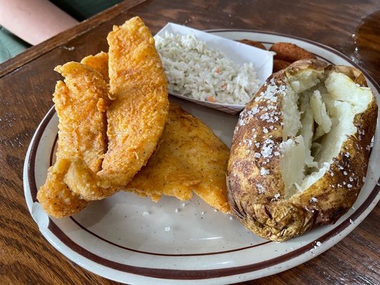 Flounder with baked potato and coleslaw