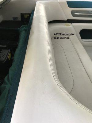 After repairing small tears in our boat seat back, Kevin lightly air brushed them with a specially mixed paint to match our existing vinyl.