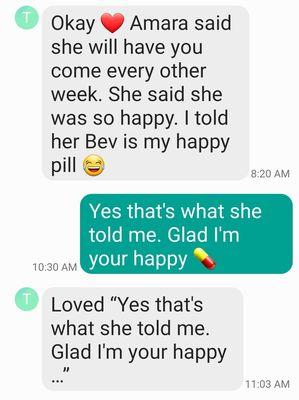 One of our recurring customer happy with our cleaning, describing me as her 'happy pill'.