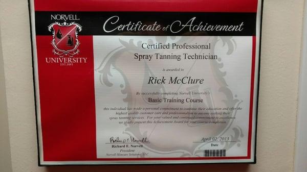 Certified Professional Spray Tan Technician by Norvell University.