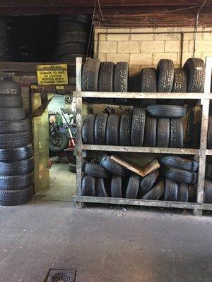 Tire rack and work room.