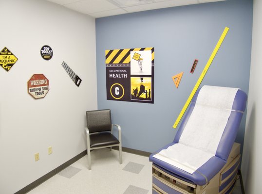 Construction themed exam room.