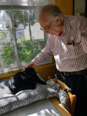 Sasha a black cat in the window sunshine and Brian.