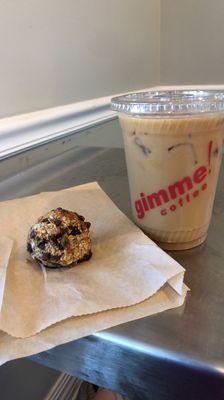 Iced almond vanilla latte and oat ball