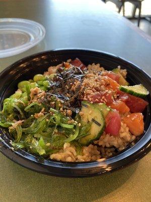 Brown rice poke bowl with ahi and salmon.