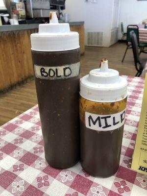 Bold(Hot) and mild BBQ sauces.