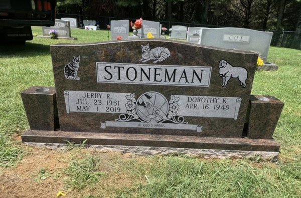 Companion memorial (Double). Color is Rustic Brown granite. Shown with a traditional design template and add on designs of pets.